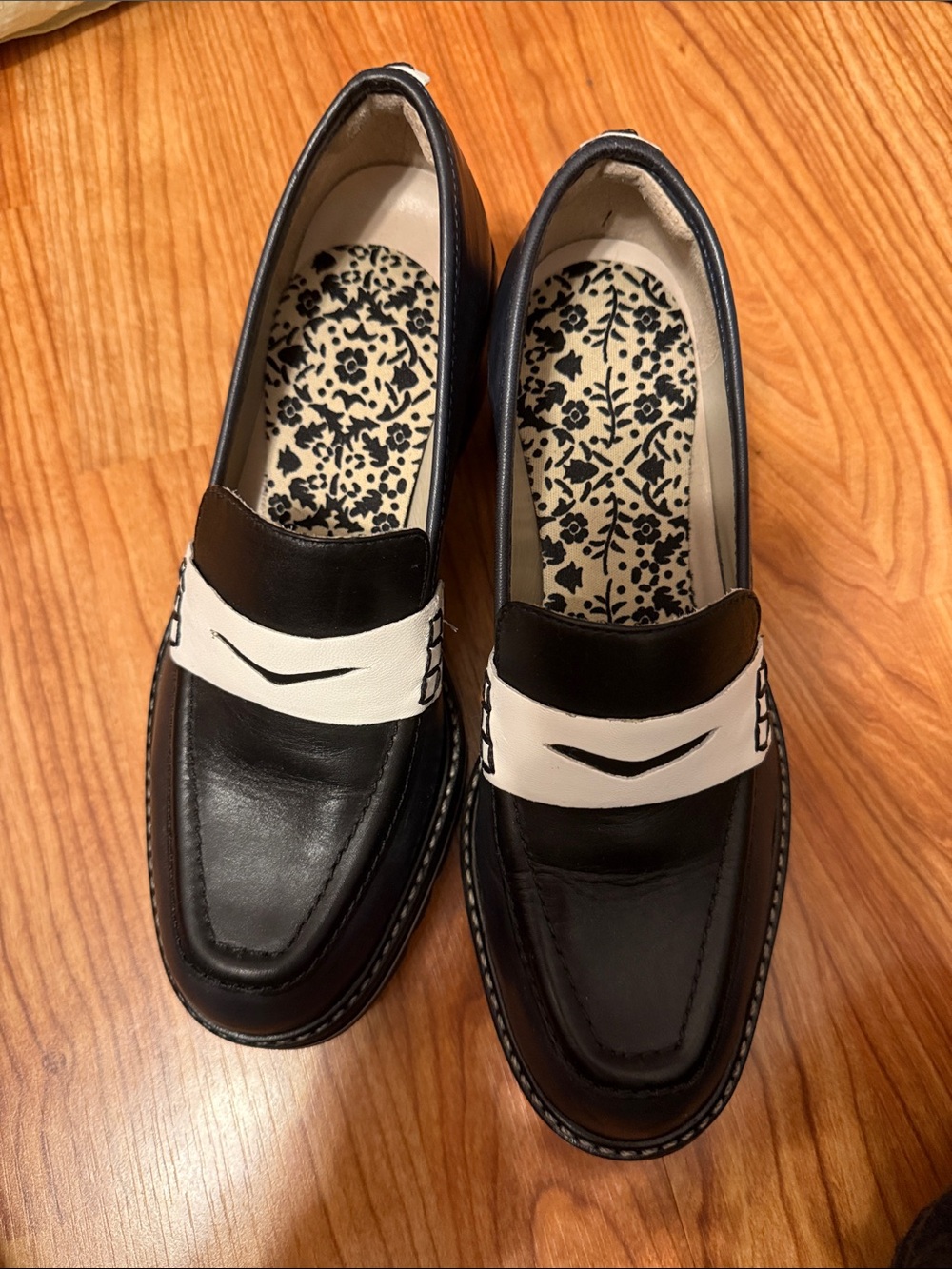 Bernardo Black and White Leather Penny Loafers with Floral Insole